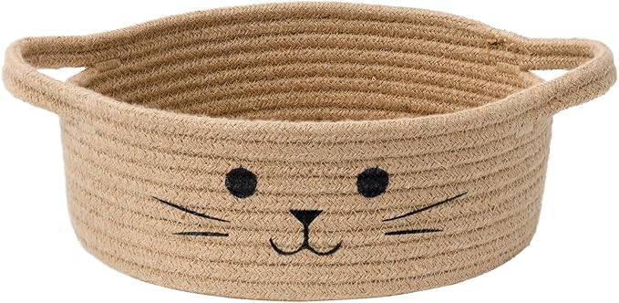 Small Woven Rope Cat Toy Basket with Cat Face Design, Jute | 9.8" x 4" Cute Cat Basket with Handles, Small Toy Bin & Box for Living Room & Nursery, Natural Instinct Basket for Cats Dogs