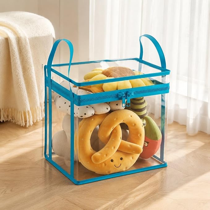 Fenteer Toy Storage Box Plush Toy Holder Stuffed Animal Organizer Clear PVC Display Bin with Secure Zipper Handle Dust Protection Easy Handling Suitable for L, M 32cmx24cmx25cm
