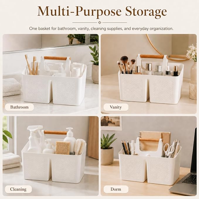 Haundry Plastic White Shower Caddy Basket with 3 Compartments, Portable Divided Bathroom Cleaning Caddy Organizer Storage Tote with Handle for Dorm, College, Room Essentials