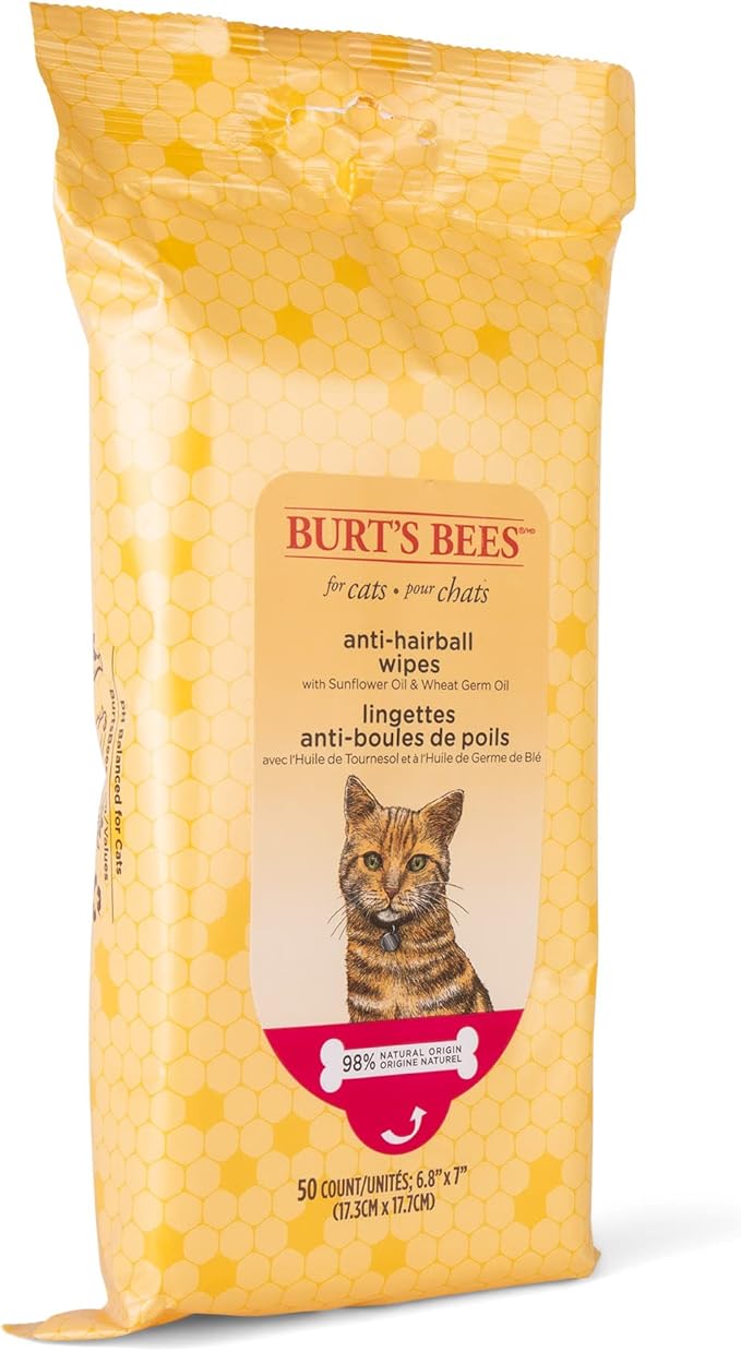 Burt's Bees for Pets Anti-Hairball Wipes for Cats, Sunflower Oil and Wheat Germ Oil, 98% Natural Origin, Cruelty-Free Cat Hairball Remedy Wipes, pH Balanced, Made in the USA, 50 Count