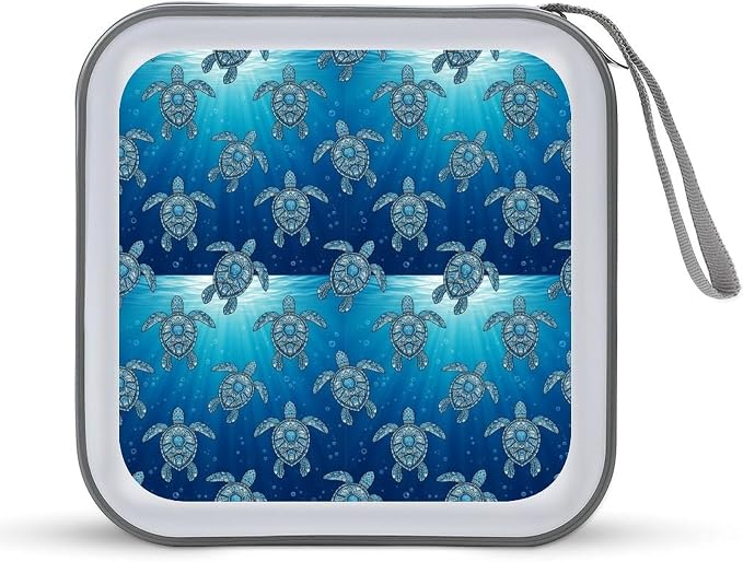 Portable CD Storage Case for 40 Discs Tribal Sea Turtles, Hard Shell Binder with Handle, Protective Organizer for Car Office Travel