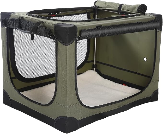 24 x 17 x 17 Inch Collapsible Soft Dog Crate for Dogs Up to 30 lbs, Portable Travel Pet Kennel with 4 Zip Doors, Foldable Indoor Outdoor Crate with Mat, Carry Bag, Green