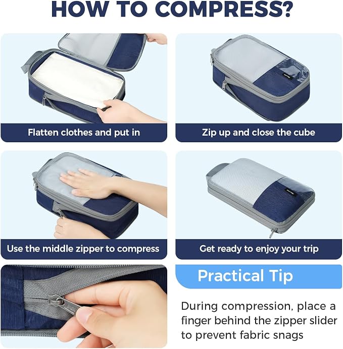 BAGAIL Lightweight Compression Packing Cubes for Travel, 6 Set, Navy | Salis Nylon Fabric,Anti-Tearing,Save Space,SBS Zippers,Packing List,PVC Tag Pocket,Custom Labels,Visible Mesh,Portable Handel