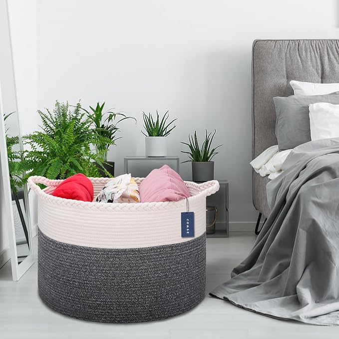 COMSE XXXLarge Woven Blanket & Laundry Basket, 87L, White & Black | 21.7" x 13.8", Cotton Rope, Nursery Hamper for Storage of Toys Clothes Towels, Ideal for Living Room Bedroom Bathroom