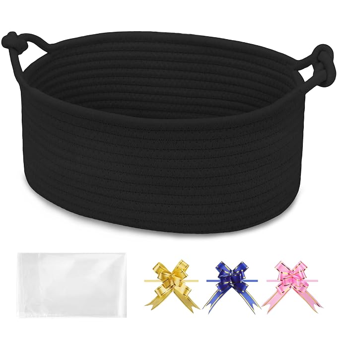 Small Empty Gift Basket with Bag & Ribbons, Black | 12“x8”x5”, Cotton Rope Woven Basket for Birthdays, Baby Showers, Mother's Day, Christmas; Stores Small Items, Kids & Pet Toys