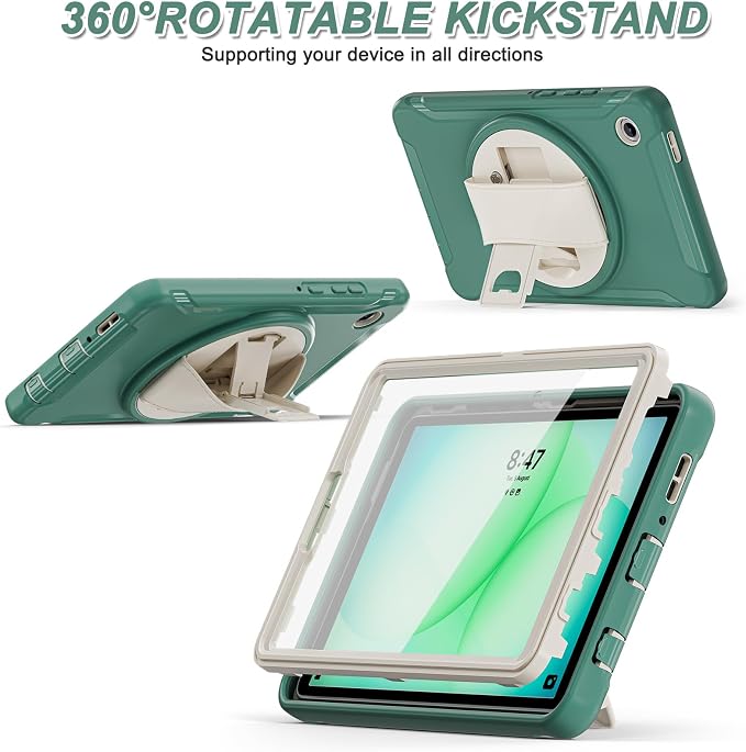 for Samsung Galaxy Tab A11 (2025) 8.7 inch Case 5G with Screen Protector, Hand Strap, Pen Holder & 360° Rotating Stand,Shockproof Protective Cover for SM-X130/X133/X135 (Green F)