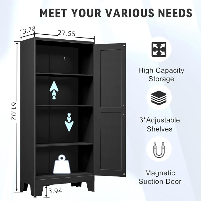 GAIOUS 61.02" Kitchen Pantry Cabinet, Black Metal Pantry Storage Cabinet | with 2 Doors and Adjustable Shelves, Food Storage for Kitchen, Living Room, Bedroom, Dining Room Sideboard Cupboard