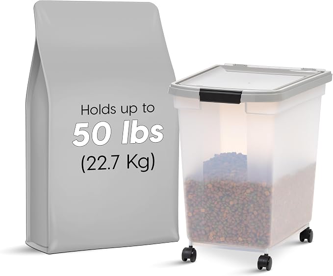 IRIS USA Dog Food Storage Container, Up to 50 lbs, Clear/Gray, Made in USA | Wheels for Mobility, Airtight Seal, BPA-Free, Best for Bird Seed, Cat food, Cat Litter, Chicken Feed, Pellets