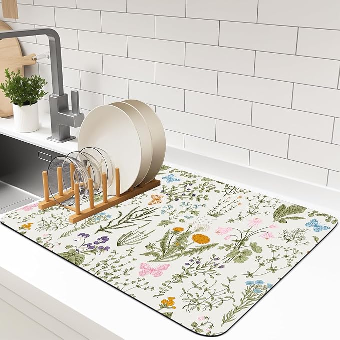 Dish Drying Mat For Kitchen Counter, 12"X20" Absorbent Coffee Bar Mat With Watercolor Painting Of Plants And Flowers Dish Drainer Rack Mat For Kitchen Counter (flower, 12"X20")