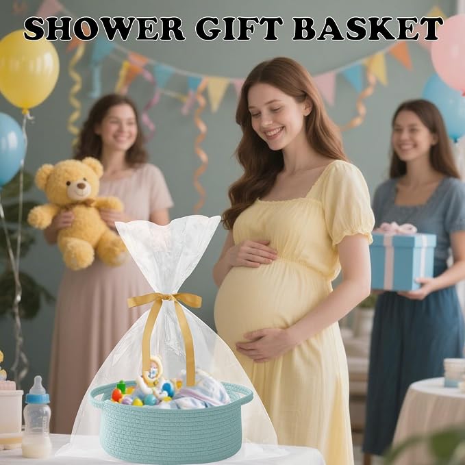 Woven Rope Basket - Baby Gift Basket with Bag & Ribbon, Aqua | Cotton rope with handle, 12 x 8 x 5 in, gift bag and ribbon, for baby shower, birthday, toy storage, nursery, shelf decor