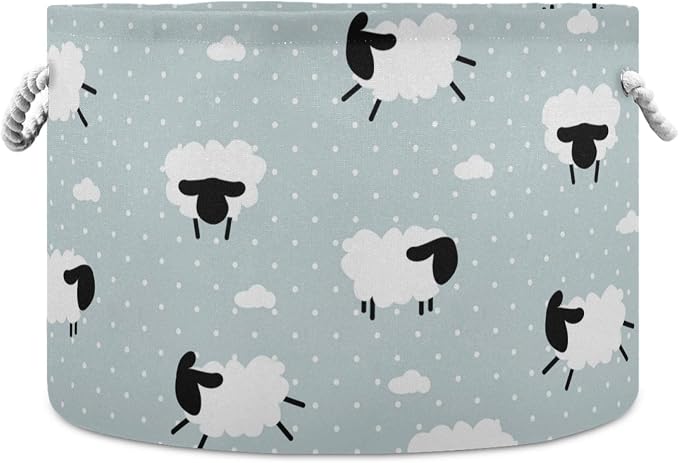 visesunny Cute White Sheep Animal Dot Grey Collapsible Large Capacity Basket Storage Bin with Durable Cotton Handles, Home Organizer Solution for Office, Bedroom, Closet, Toys, Laundry