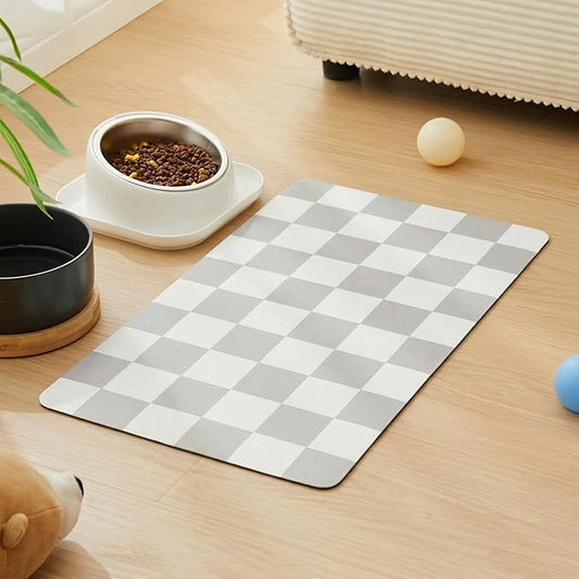 Ralxion Checkered Dog Feeding Mat, Absorbent Mats for Dog Food and Water Bowl, Dispenser, Retro Modern Aesthetic Preppy Grey Checkerboard Pet Placemat for Dogs, Cats, Puppy Accessories, 12" X19”