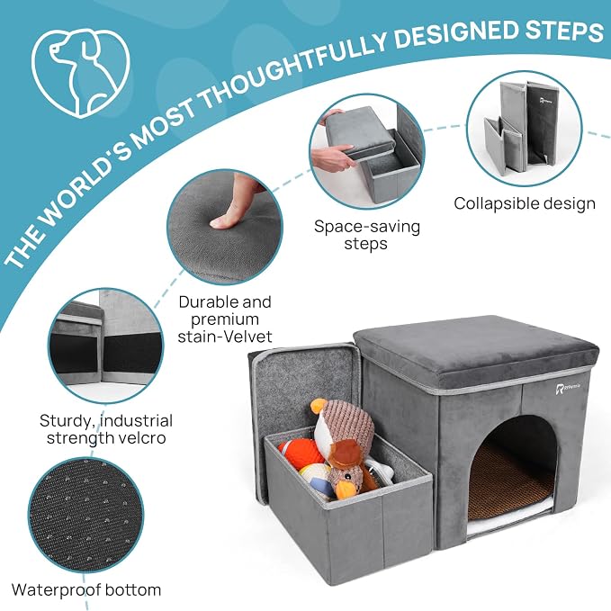 Foldable Pet Stairs with Cozy House & Storage | 2-Step Dog Stairs for High Beds and Couch, Non-Slip Dog Steps for Small & Medium Dogs, Cats, Puppies, Grey