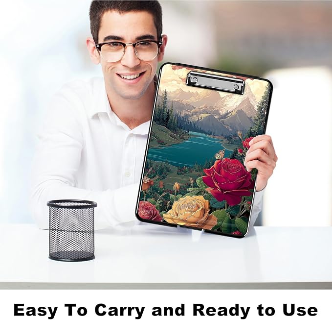 Heavy Duty Storage Clipboard, Slim Nursing Clipboard with Internal Pen Case, Portable File Organizer Case for A4 Letter Size Paper Office Medical Professionals, Rose Mountain Clouds