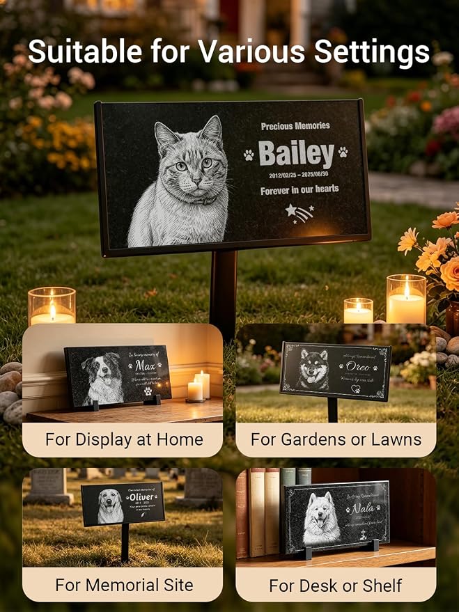 Personalized Pet Memorial Stone, Custom Engraved Black Granite Pet Headstone with Photo and Text, Customized Gifts for Dog Cat Pet Loss Remembrance