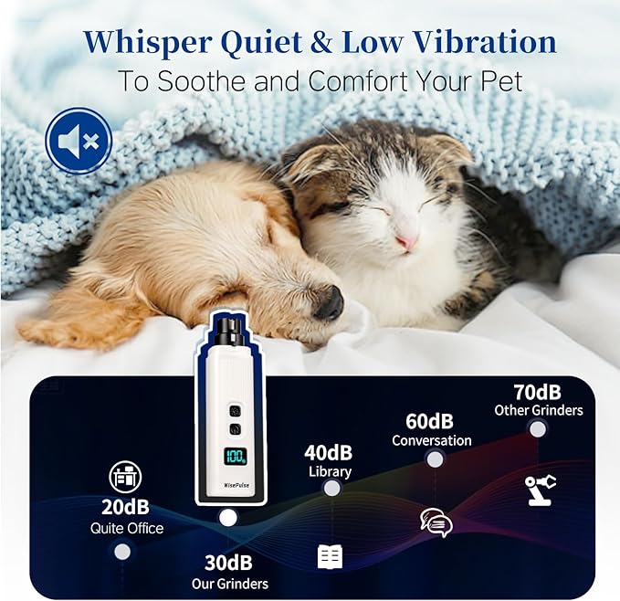 Dog Nail Grinder Quiet & Safe: 2-Speed Electric Grinder with 2 LED Lights & 2 Grinding Heads, Low Vibration & Silent Rechargeable Trimmer for Large Small Medium Dogs & Cats(White)