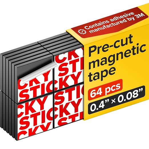 Pre-Cut Adhesive Magnetic Tape Squares, 0.4"x0.08" (10x2mm), 64 pcs | Sticky Magnetic Tape Squares, Flexible, Easy to Use, No Cutting Needed, For Whiteboard, Fridge, Crafts & School