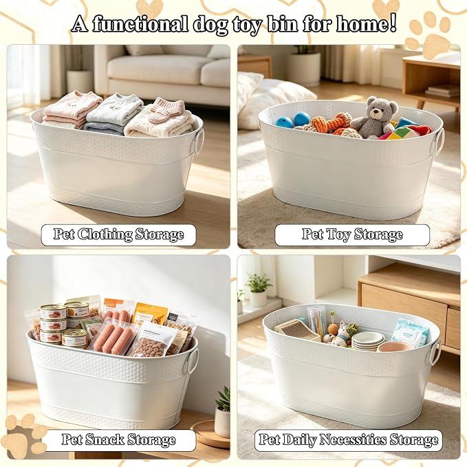 Indestructible Metal Dog Toy Bin, White Galvanized Storage Bin with Handles, Puppy Basket for Blankets, Leashes, Pet Toy Box for Living Room (25-Quart)