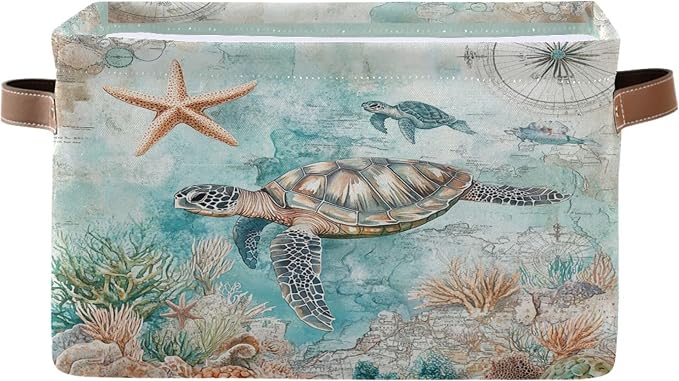 Nautical Starfish Fabric Storage Basket - Foldable, 16x12x8 Inches