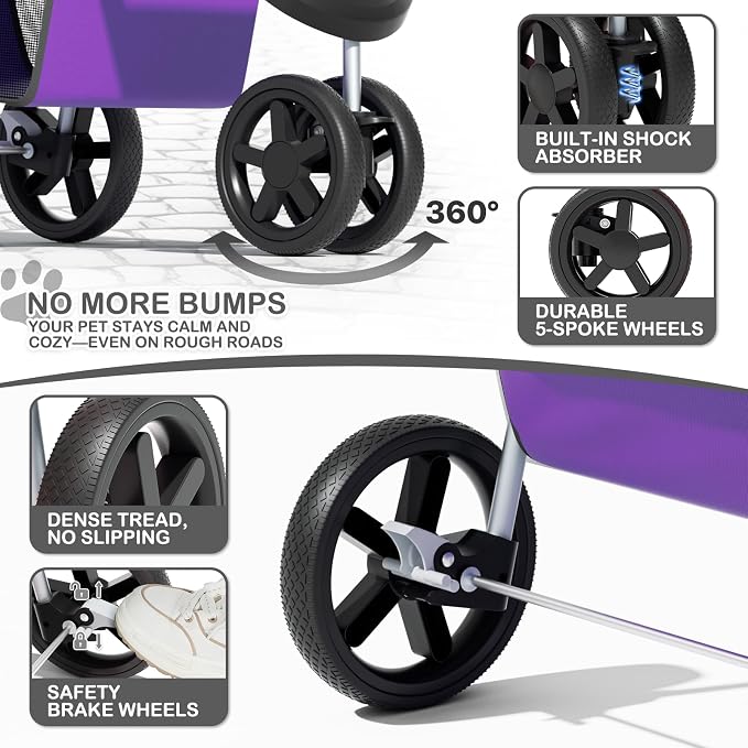 MoNiBloom Pet Stroller for Small/Medium Dogs and Cats up to 33 lbs, Purple | Foldable Dog Stroller 3 Wheels Pet Strolling Cart w/ Storage Basket Cup Holder, Breathable and Visible Mesh for All-Season