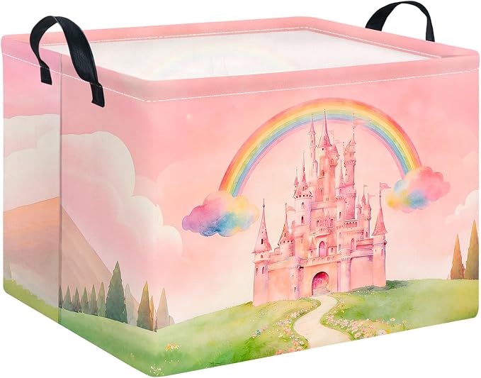 CLOCOR Rectangular Storage Basket Empty,Gift Basket,Waterproof Storage Bin with Handles,Room Decor(Pink Castle)