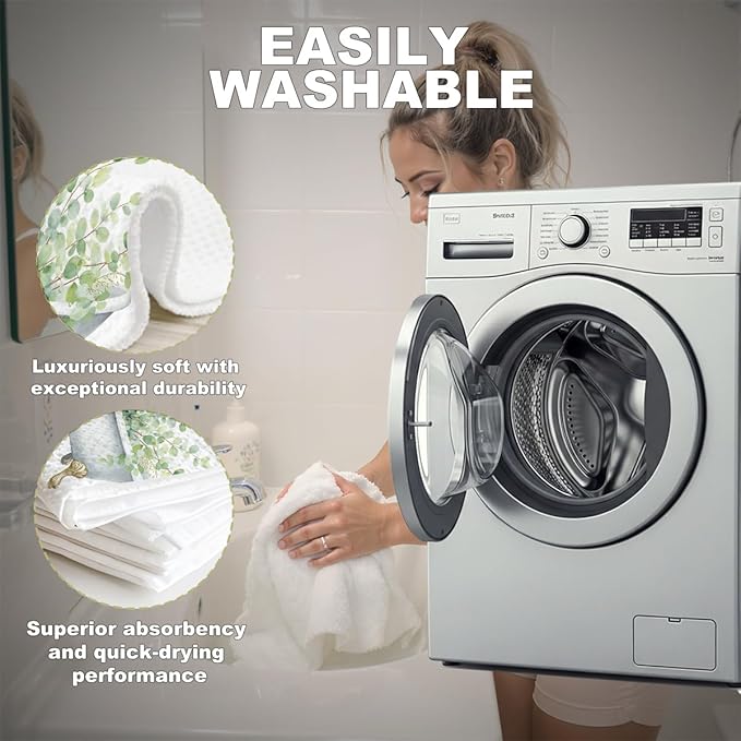 2 Pcs Watercolor Eucalyptus Kitchen Towels, Funny Bathtub & Toilet Bowl Decorative Absorbent Microfiber Dish Cloth Tea Towel, Waffle Soft Hand Towels for Farmhouse Home Bathroom Decor, home gift