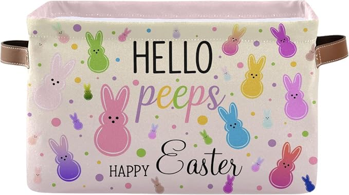 Happy Easter Day Peep Bunny Storage Basket with Waterproof Liner and PU Handles Easter Eggs Leopard Cheetah Storage Bins Boxes 14.2" Collapsible Decorative Organizer Baskets for Bedroom Closet 1 Pack