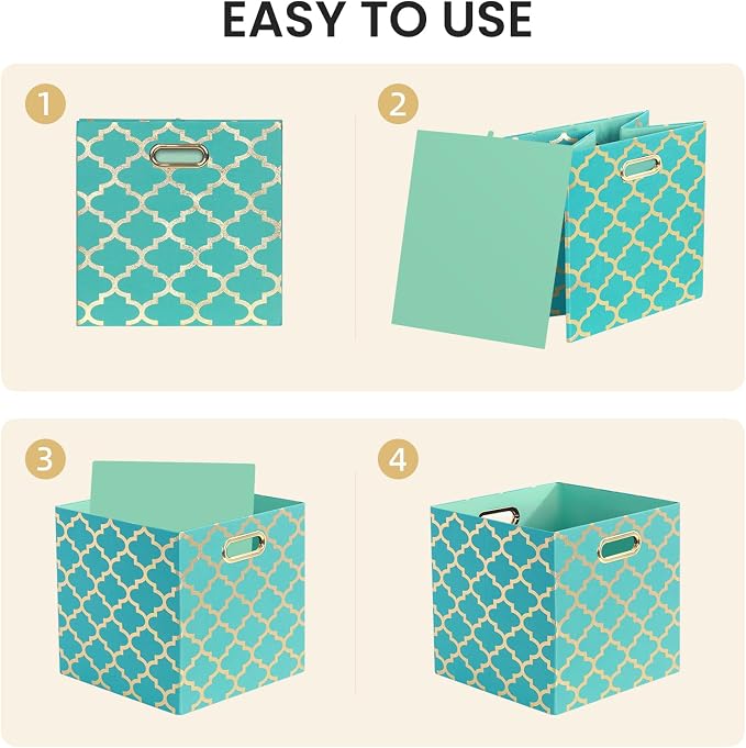 Posprica 11x11x11 Storage Cube Bins, Collapsible Storage Bins Fabric Storage Cubes Organizer Baskets Box Drawers for Shelves, Closet, Wardrobe, Bookshelf, Cabinet, Sky Blue/Gold Lantern, 4 Pack