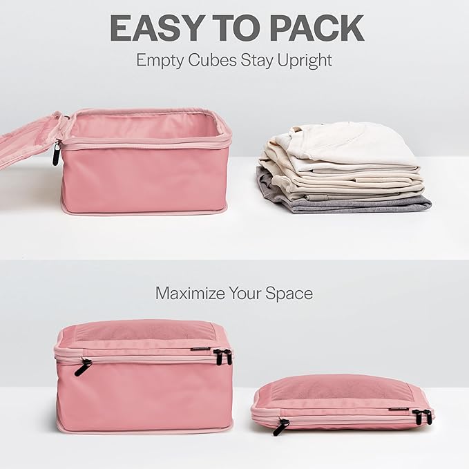 Compression Packing Cubes for Travel, 6-Pack, Pink | Solves overpacking, 6-Piece set fits most suitcases, 50% Space savings, Compression luggage organizer bags