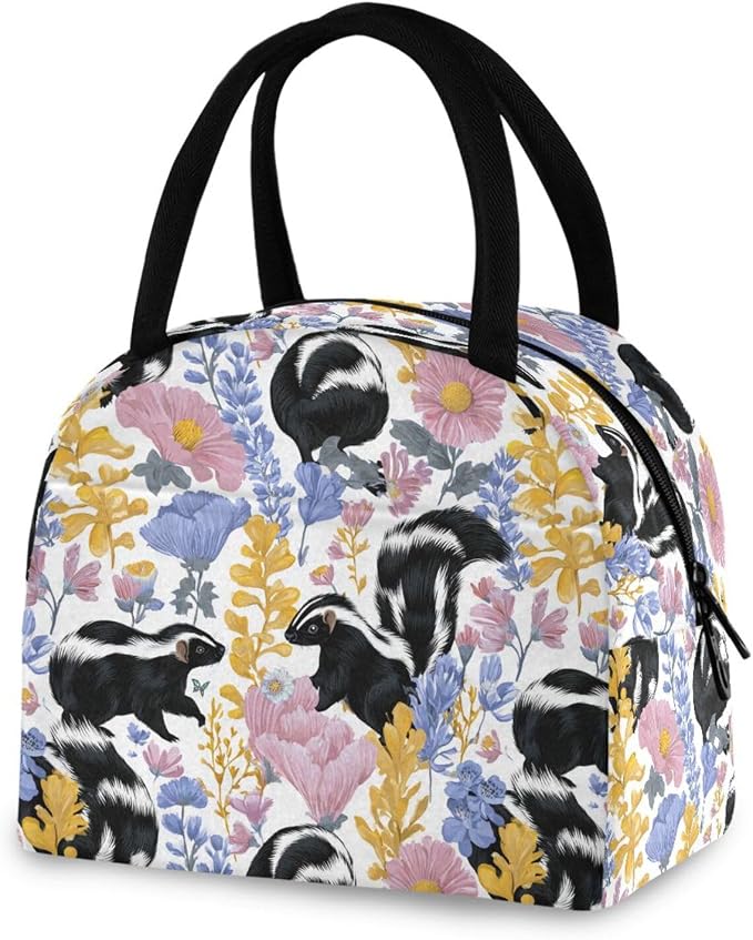Lunch Bag Pink Flower Pets Skunks Insulated Lunch Box Cooler Lunch Container Organizer Reusable Lunch Tote Bags for Work Travel Outdoor