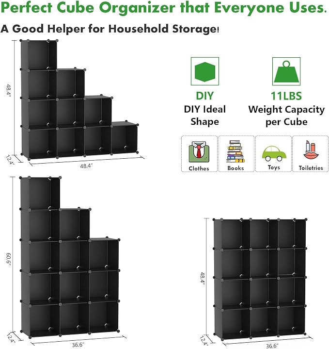 C&AHOME Cube Storage Organizer, 12-Cube Shelf Units, Closet Cabinet Black | DIY Plastic Modular Bookshelf, Stackable Clothes Organizer Shelving Ideal for Home, Bedroom, 36.6" L x 12.4" W x 48.4" H
