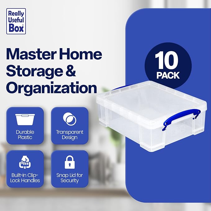 Really Useful Box Stackable 8.1L Plastic Storage Container, 10 Pack | Bin with Snap Lid & Built-In Clip Lock Handles for Home & Office Organization