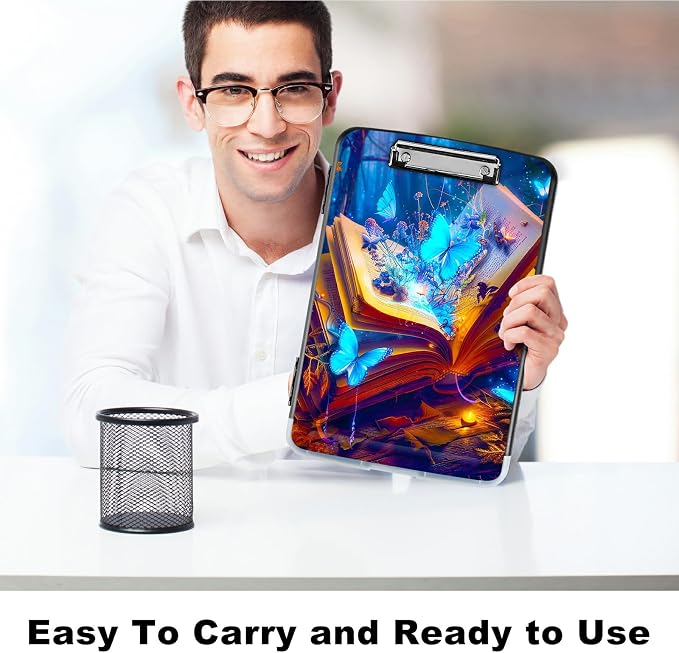 Book Blue Butterfly A4 Clipboard with Storage Pen Holder, Clipboards Organizer Nursing Clipboard Foldable File Folder Plastic Clipboard Folio Clip Board for Office Students Classroom Doctor