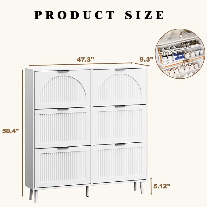 Shoe Storage Cabinet with 6 Flip Drawers, Narrow Wood Shoe Organizer Cabinet with Fluted Panel, Slim Shoe Rack for Entryway, Freestanding Shoe Cabinet for Living Room, Hallway, White