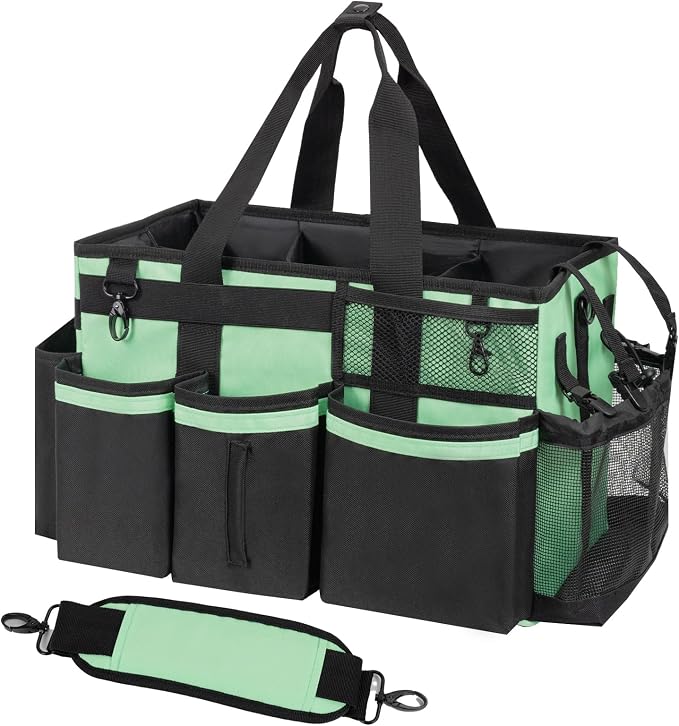 SCAVATA Wearable Cleaning Caddy, Cleaning Caddy Supplies Organizer with Handle & Shoulder Straps for Housekeepers, Under Sink & Car Cleaning Tool Organizers Bag with 4 Foldable Divider (MintGreen)