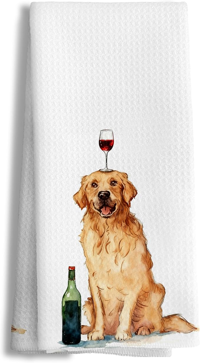 Funny Wine Golden Retriever Decorative Kitchen Towels, Gifts for Golden Retriever and Wine Lovers, Hand & Tea Towels for Bar Cart, Dog Mom and Dad Gifts Dish Towel Dishcloth, 16x24 Inch
