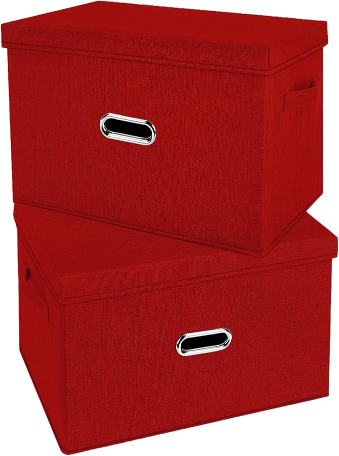 Large Linen Fabric Foldable Storage Bins with Removable Lid and Handles, Washable Storage Box Organizer Containers Baskets Cube with Cover for Bedroom,Office(Red, Small(2-Pack))