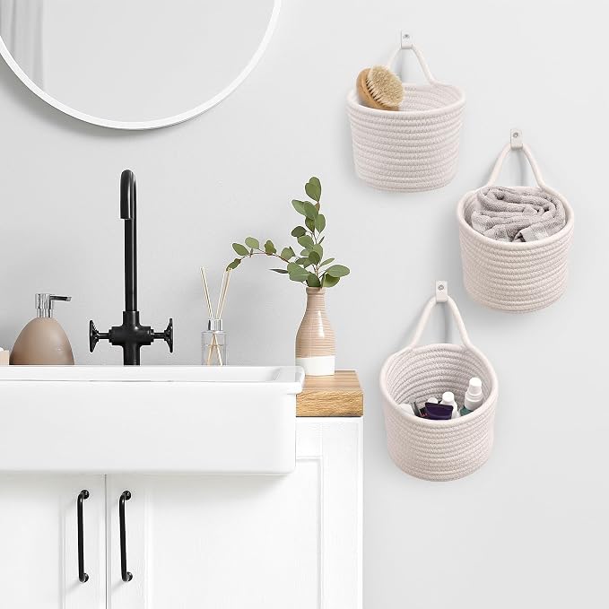 Fabric Wall Hanging Baskets - 3Pack Woven Pouchs Boho Style Wall Mounted Bag with Adhesive Hooks, Storage Organizers and Decoration Pocket Caddy Bins on Door Rack (White & White, Large) | Wall Small Bags with Adhesive Hooks, Cotton Rope, Boho Decorativ...