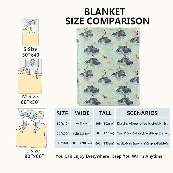 Hippo Blanket,60x80in,Cute Whimsical Water Scene Butterfly and Bird Throw Blankets,Gifts for Kids Adult & Animal Lovers, Lightweight Soft Fleece,for Sofa Couch Bed Room Modern Decor