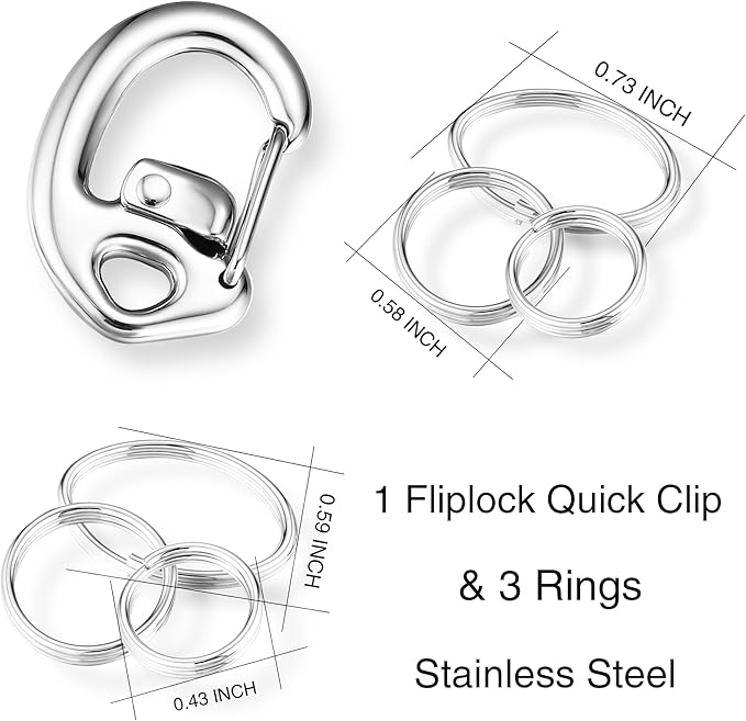 Stainless Steel Pet Collar Tag Clip, Contour Carabiner -1 Set | Patented Flipclip, split ring set, quick switching for dogs and cats, secure attachment
