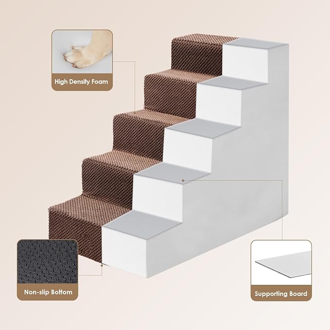 EHEYCIGA Dog Stairs for High Bed 22.5" H, 5-Step Extra Wide Dog Steps for Bed, Pet Steps for Small Dogs and Cats, Non-Slip Balanced Pet Ramp Indoor, Brown