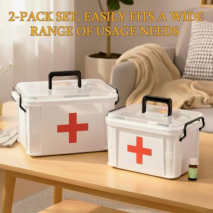 2 Pack Clear Medicine Organizer Box with Handle, Plastic Medicine Container with Tray First Aid Box Empty, Thickened Medicine Storage Organizer Multipurpose Medication Organizer Storage, White