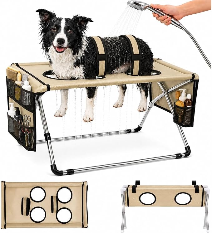 Dog Grooming Hammock Stand, Foldable Dog Bath Holder Sling Shower Chair | Heavy-Duty Pet Bath Stool for Small & Medium Dogs, Home Salon Grooming, Washable Mesh, Joint Support & Restraint(Khaki,Pro)
