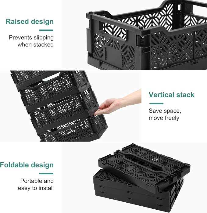 6-Pack Collapsible Plastic Storage Baskets, Stackable Bins with Label Slots | Plastic crates(12.2"x8.3"x4.7"). Fold flat to save space. Ideal for pantry, toys, office shelf organization & decluttering