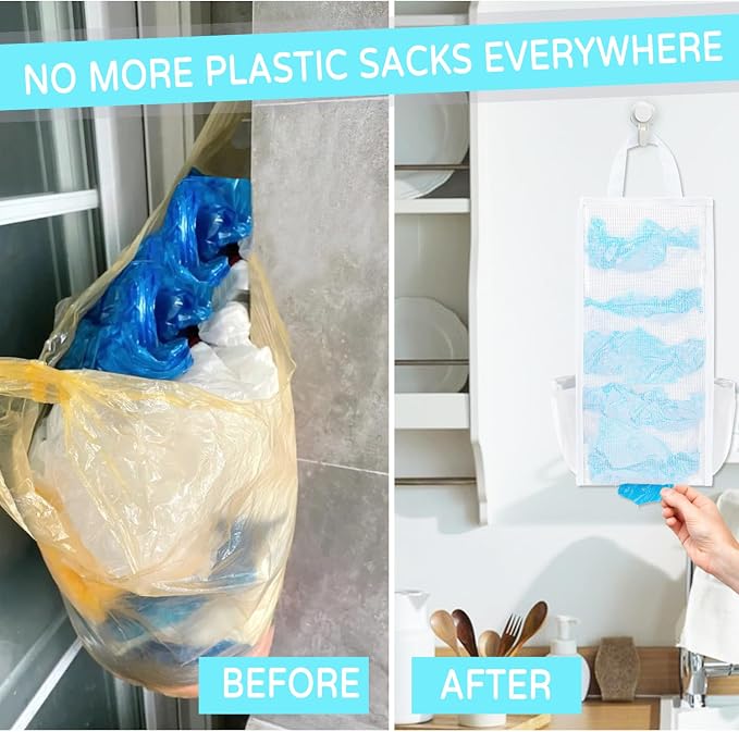 Large Capacity Grocery Bag Holder - Breathable Mesh Plastic Bag Dispenser Organizer (White)