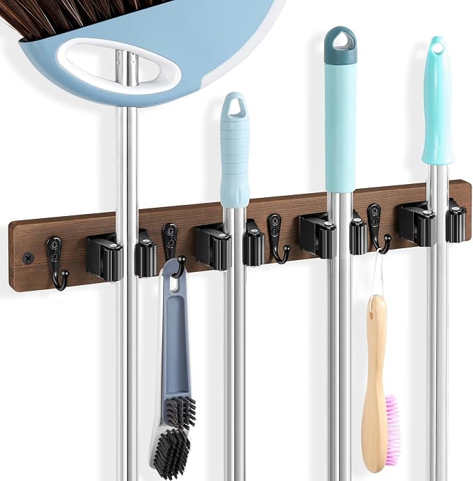 Broom Holder Wall Mount - Heavy Duty Wood Mop and Broom Organizer with 4 Slots & 4 Hooks - Garden Tool Hanger for Laundry Room Closet Kitchen Garage Storage and Organization - Modern Home Decor
