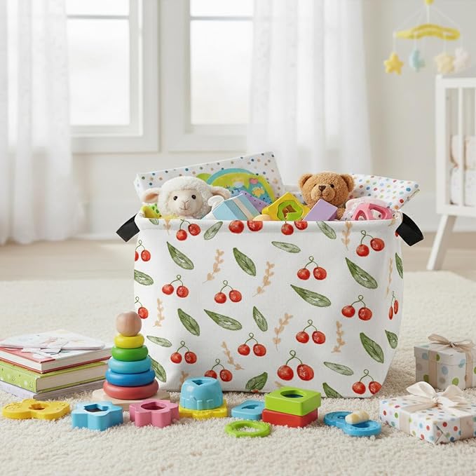 Kid Cute Rectangle Storage Basket Baby Toy Clothes Storage Bin Nursery Playroom Bedroom Decor Basket (Painted Cherry)
