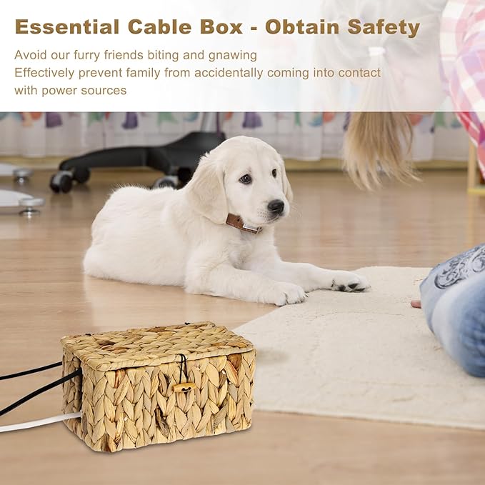 BTSKY Woven Cable Management Box with Lid Water Hyacinth Cord Organizer, S | Cable Organizer Box with 2-Open Slots to Hide Power Strips USB Hubs for Desk, Home & Office, Pet Proofing Cord Basket