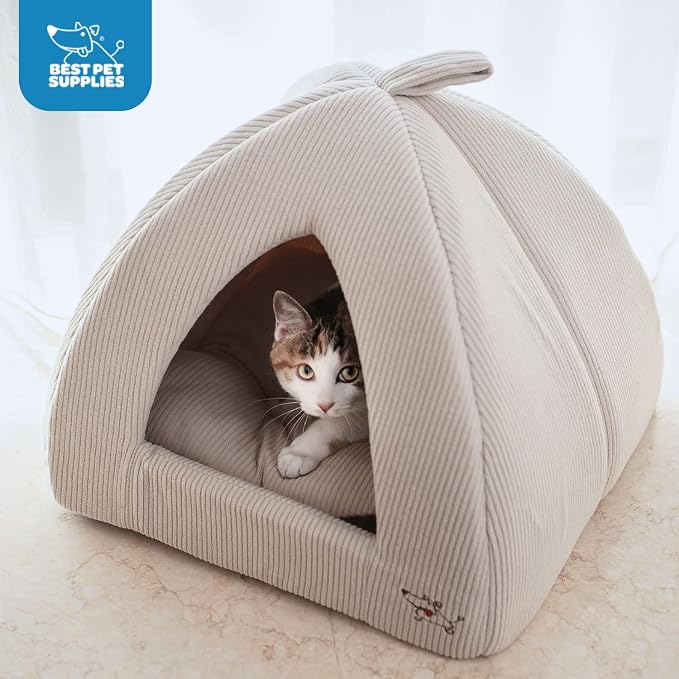 Best Pet Supplies Cat Bed for Indoor Cat, Domed Tent House with Removable Pillow, Covered Cat Cave for Small Dog, Puppies and All Breeds of Cats - Corduroy Beige1, 19 x 19 x H:19"
