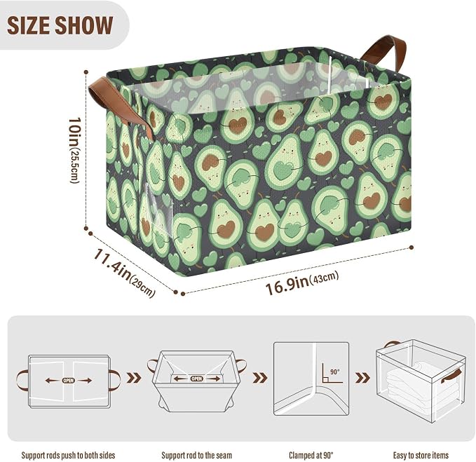 Avocado Green Happy Fruit Storage Bins for Shelves with Labels&Handles Fabric Organizer Bin Foldable Rectangle Storage Basket Boxes for Closet, Bathroom, Home, Living Room, 2 Pack